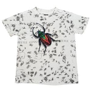 Vintage Giant Beetle 90s All Over Print Shirt Oneita USA Bugs White Boys Medium